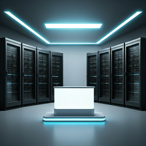 A futuristic professional hardware showroom featuring sleek, modern industrial servers in polished black racks and a minimalist white kiosk stand.