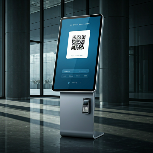 A high-end professional smart kiosk with a large vertical touchscreen display, integrated QR code scanner, and a built-in POS card terminal.